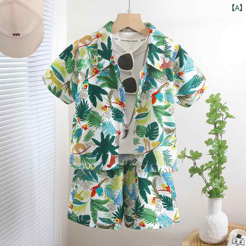 シャツ キッズ 男の子 半袖 セットアップ 子供服 夏服 上下セット 花柄 涼しい 通園 通学 普段着