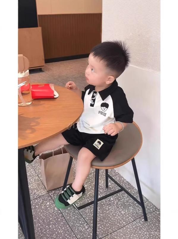 キッズ 男の子用 ポロシャツ 半袖 短パン 上下セット 綿100％ 薄手 通園 普段着 切り替え 春夏