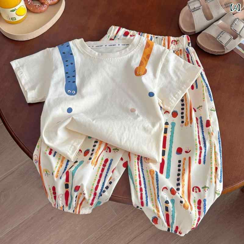 キッズ Tシャツ パンツ 上下セット 2点 セットアップ 子供服 半袖 再生繊維 通気性 カトゥーン柄 涼しい 快適 夏