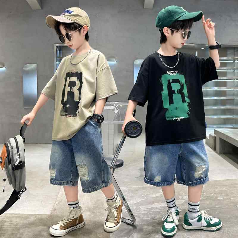 キッズ 男の子用 夏服 半袖Tシャツ 短パン セットアップ 綿100% 薄手 カートゥーン柄 ブラック カーキ 120cm 130cm 140cm 150cm 160cm 170cm