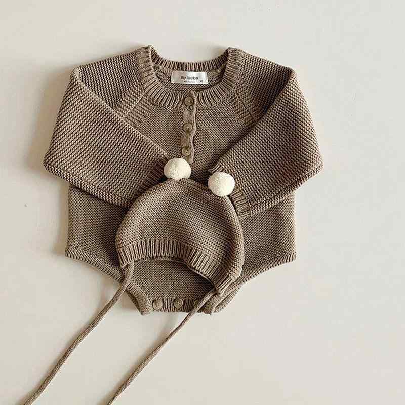 ベビー服 ニットロンパース 帽子付き 秋冬 新生児 赤ちゃん 長袖 かわいい カバーオール コーデュロイ コットン 韓国風 ベージュ ブラウン オフホワイト