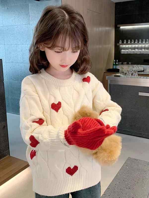 ニット 子供服 ガールズ 愛心ケーブル編みセーター 秋冬 中童 韓版 かわいい 暖かニット トップス 長袖 丸首 普段着 通園 通学
