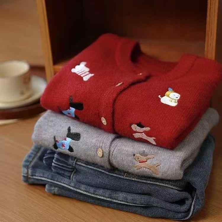 ニット カーディガン キッズ ベビー 厚手 女の子 トップス アウター 子供服 上着 長袖 綿 100 110 120 130 140 赤色 冬