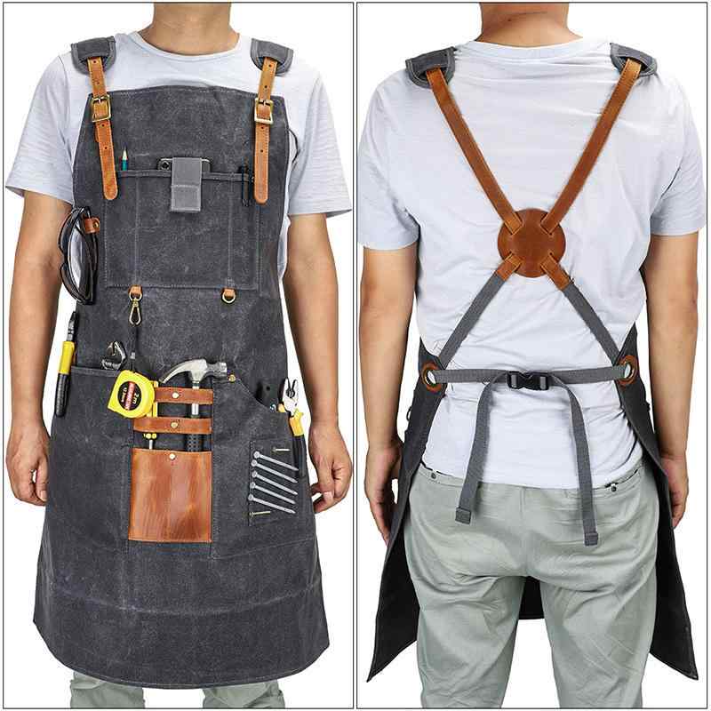 エプロン 男性用 大人用 キャンバス 多機能 ポケット付き 防水 防油 作業服 美式 ワーク カントリースタイル カーキ色 ダークグレー
