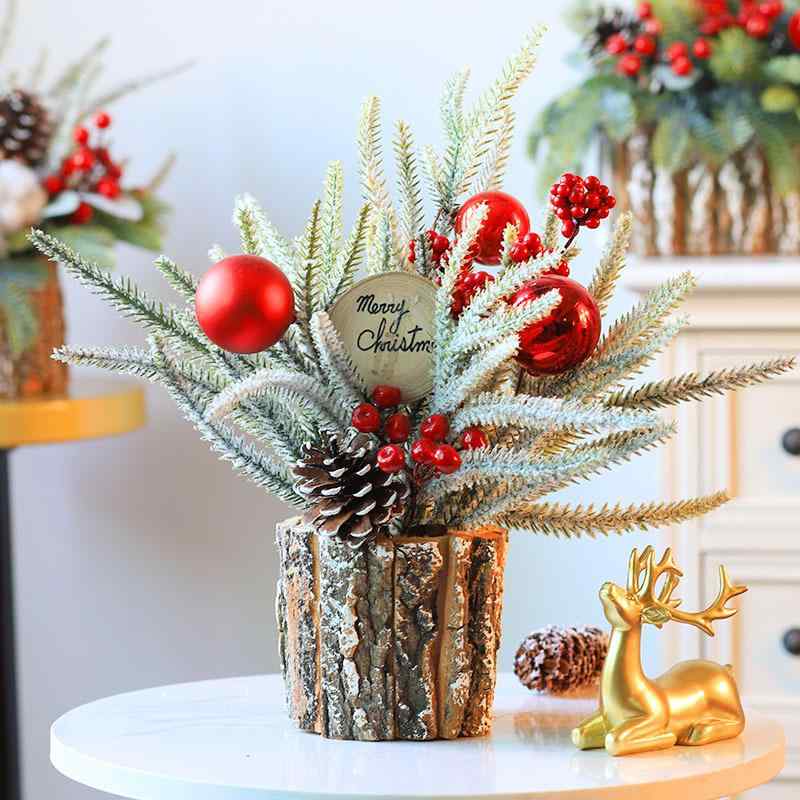 クリスマスツリー 卓上 35cm PE製 ミニ クリスマス 飾り インテリア 木桶入り コットン レッドベリー 電池式 ライト付き