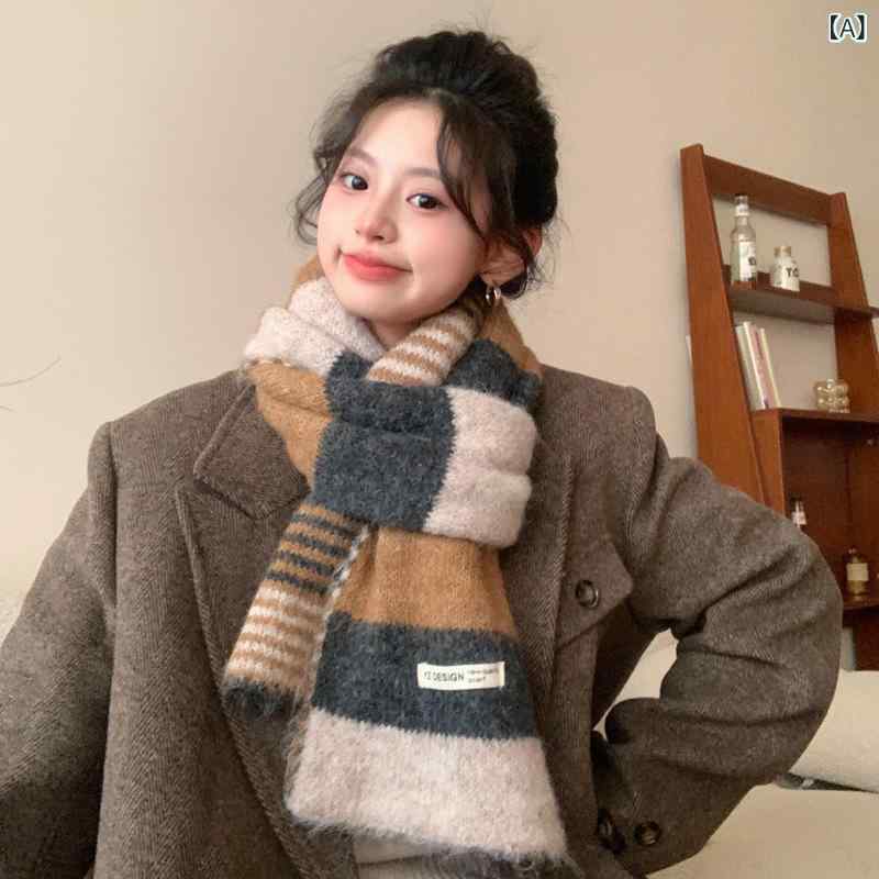 マフラー レディース 秋冬 ニット ストライプ 韓国風 厚手 防寒 保温 ショール 赤 茶色 黒 ベージュ ピンク 緑 青 紫 接触冷感 伸縮性 吸湿速乾 カジュアル 普段使い ビジネス オフィス 通勤 フォーマル デート パーティー プレゼント ギフト