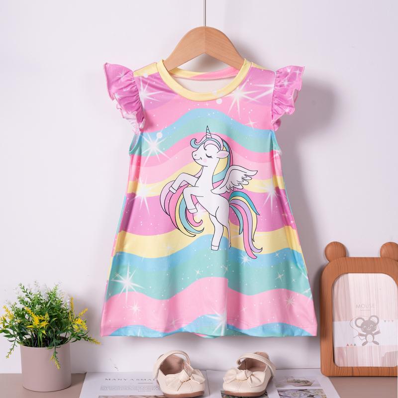ワンピース キッズ 女の子 かわいい カートゥーン プリント ノースリーブ Aライン チュール スカート ポリエステル 虹色 ユニコーン 夏 秋 ピンク系