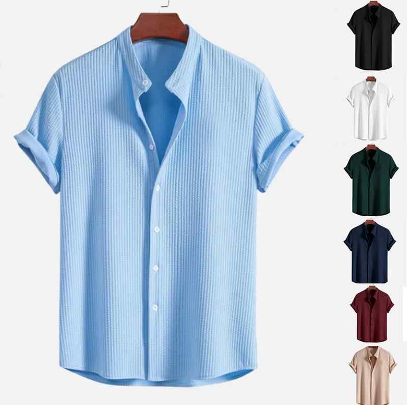 シャツ メンズ 男性用 コットンブレンド トップス 半袖 無地 立襟 春夏 カジュアル 黒 白 赤 青 S M L XL XXL