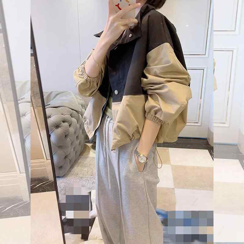 上衣 レディース 烏兎 韓国風 流行り物 心地好い ベイスボール服 小っちゃい 減齢 カーキ色 上衣 前掛け アウター 色彩設計 ポリエステル 長袖 翻領 ゆったり