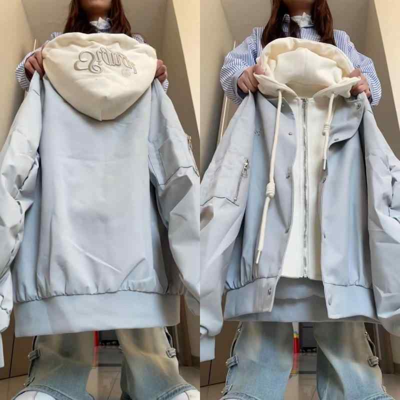 ジャケット レディース 春秋 ニット 切り替え パーカー付き ブルゾン ジャンパー ゆったり 学生風 ライトブルー 浅緑色 黒色 ポリエステル