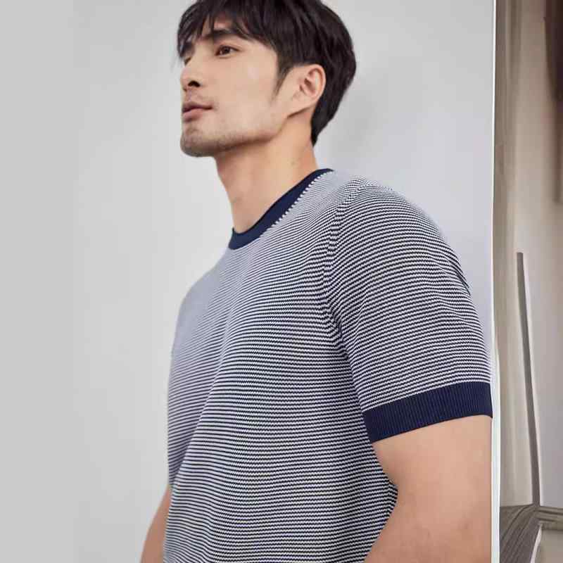Tシャツ メンズ 半袖 ポロシャツ ストライプ柄 ニット 通勤 カジュアル ラウンドネック 襟付き ポリエステル 春夏 トップス カットソー オシャレ 4,395円