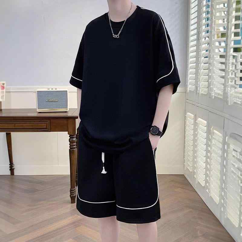 メンズ スポーツ カジュアル セットアップ 半袖 Tシャツ ショートパンツ ポリエステル 運動着 部屋着 ルームウェア 大きいサイズ ブラック ホワイト 杏色 グリーン