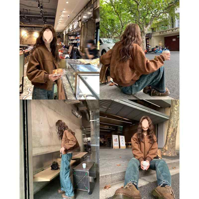 ジャケット レディース 高級感 春秋 鹿皮 ベルベット ブルゾン 野球服 ジャンパー アウター 短め ブラウン ピンク系 S M L XL 2XL レトロ 文芸風