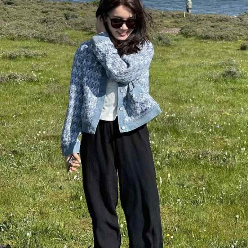 ジャケット レディース ブルゾン 小柄 ショート丈 粗花・希 ブルー アウター 配色 長袖 丸首 プライベート お洒落着