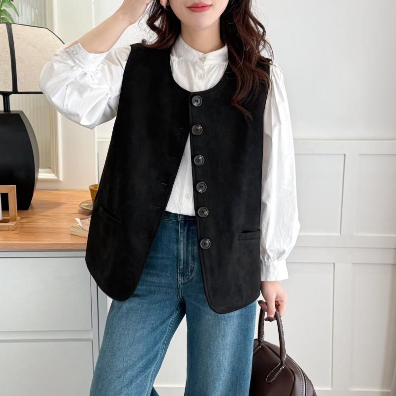 ベスト レディース 大きいサイズ 韓国風 ファッション カジュアル 無地 婦人服 トップス ポリエステル ゆったり ラウンドネック 羽織りもの 黒/ブラック 茶色/コーヒー色 ベージュ