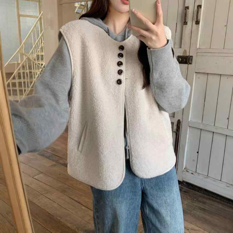ベスト レディース 韓国風 秋冬 デザイン 重ね着 レイヤード ゆったり 体型カバー ポロ襟 チョッキ トップス 通勤 カジュアル きれいめ かわいい 杏色