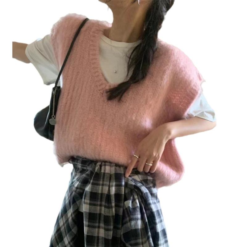 限りない レディース 韓国風 Vのど頚 編み物 あったか 重ね着 ノースリーブ トップス ベスト ゆったり 可愛らしい 心地よい 秋冬 さくら色系 薄墨色 カーキ 綿織物