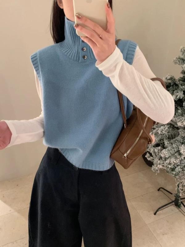 ニット レディース ベスト レトロ 春 韓国風 かわいい 無地 ボタン 立襟 セーター チョッキ 杏色 灰色 赤色 黒色 ブルー 文芸風 快適 休?