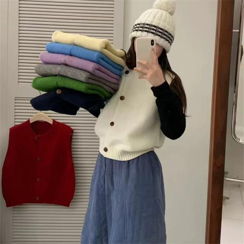ニットベスト レディース 春 ニットカーディガン ショート丈 丸首 チョッキ 学院風 ゆったり かわいい イエロー系 アイボリー ブルー レッド グリーン グレー ネイビー