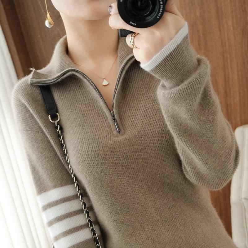 ニット レディース カシミヤ セーター 韓国風 配色 ジップ プルオーバー トップス ドロップショルダー バイカラー ウール 秋冬 白 ホワイト グレー キャメル M L XL XXL｜Tanzan