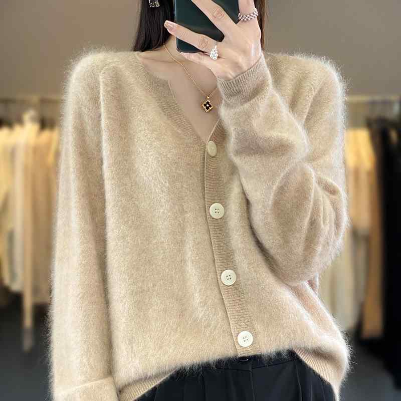 ニット カーディガン レディース 秋冬 Vネック ゆったり 暖かい カシミヤ トップス セーター 長袖 白 黒 グレー きれいめ 上品