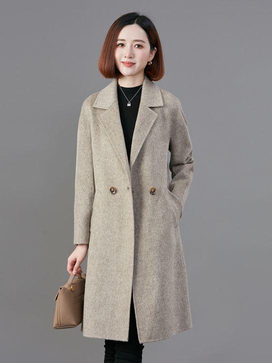 コート レディース ウール ダブルブレスト スーツ襟 ロング丈 ウールコート ママ服 通勤 厚手 ルーズ 無地 ポケット アルパカ M L XL グレー