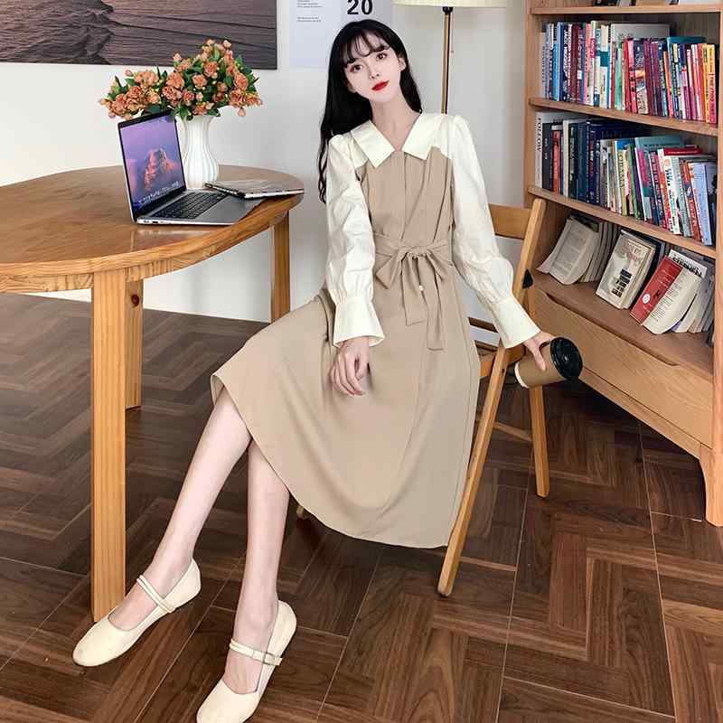 ワンピース レディース 春夏 韓国風 Aライン Vネック 長袖 配色 切り替え 高見え きれいめ お洒落 かわいい 膝丈 ミモレ丈 ブラック カーキ