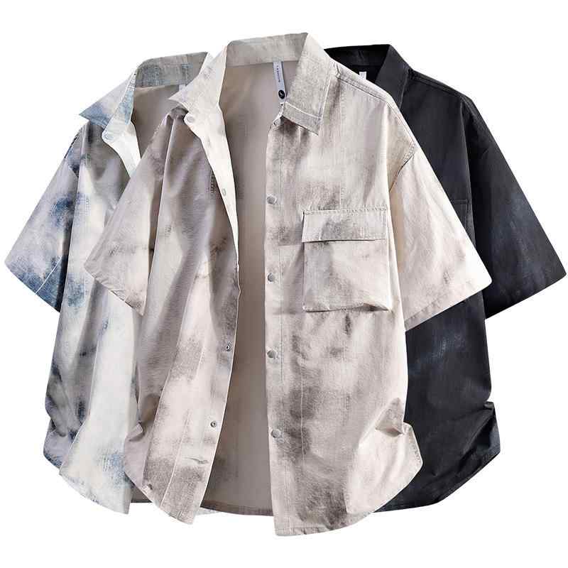 シャツ 男性用 半袖 ポリエステル 日式 ?古 ?松 オーバーサイズ 無地 夏用 薄手 ブラック カーキ ブルー
