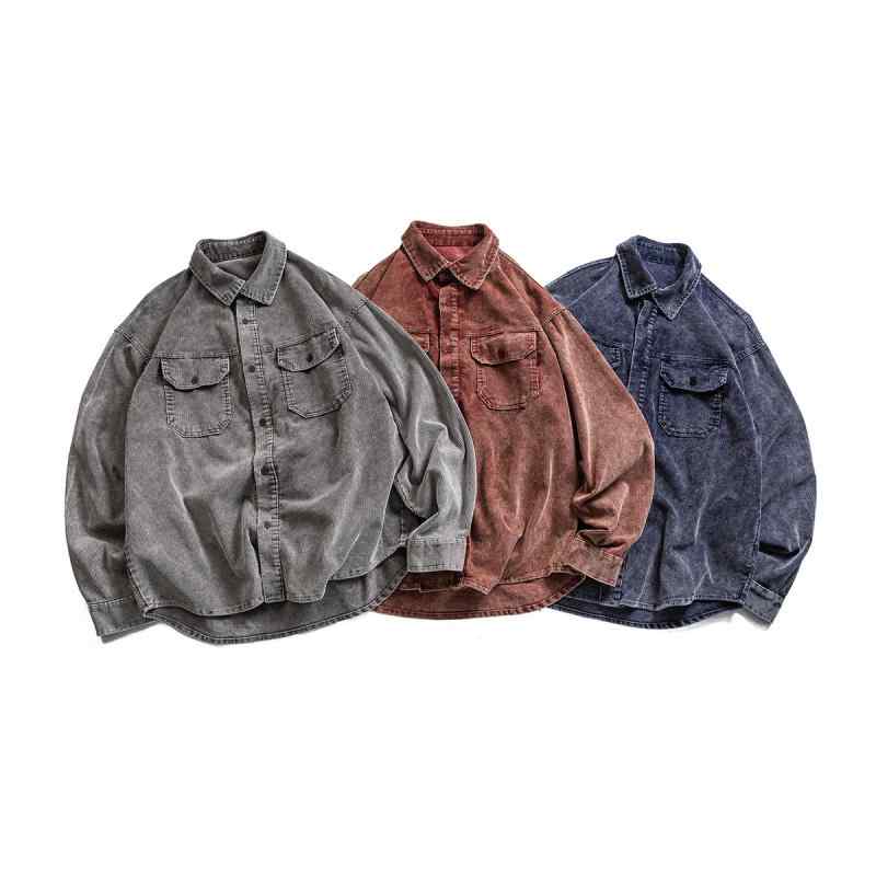 シャツ 男性用 長袖 コットン ネルシャツ レトロ 古着風 ライトグレー レッド ネイビー 秋 カジュアル