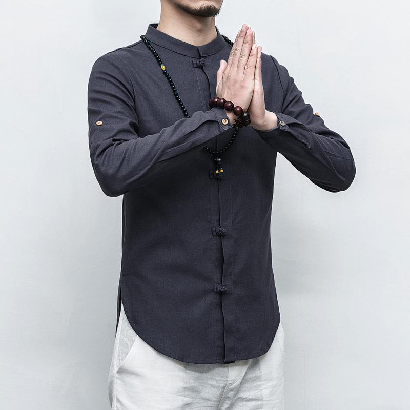 シャツ メンズ 男性用 麻混紡 長袖 チャイナ風 唐装 立襟 無地 カジュアル 薄手 春夏秋冬 白 黒 紺 大きいサイズ