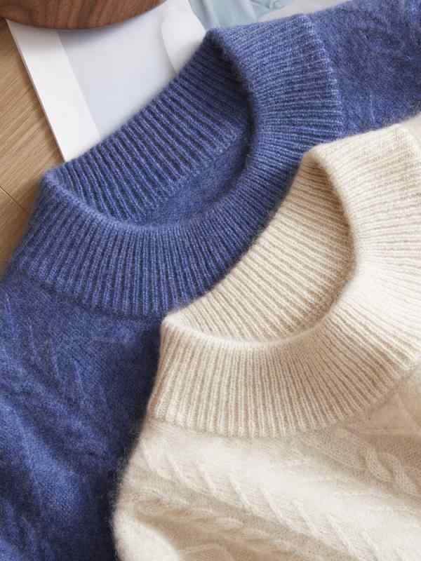 編み物 メンズ 成人男性用 プルオーバー カシミール100 秋冬 長袖 二分の一のど頚 ティーシャツ 提花 ゆったり 朦々たる 生あたたかい 心地よい 象牙色 青味