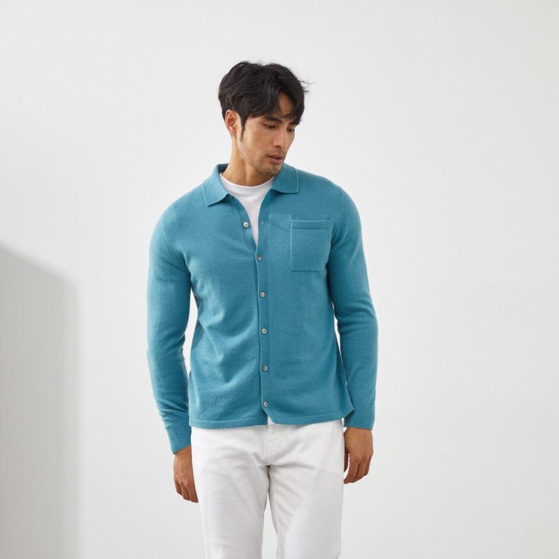 ニット カーディガン メンズ 男性用 POLOシャツ 襟付き オープンフロント 山羊? ?松 トップス 長袖 リブ裾 秋冬 カジュアル スタイル 本紫 ライトブルー ネイビー