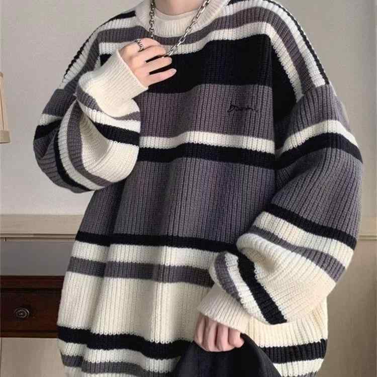 ニット メンズ 日系 レトロ ストライプ 切り替え 配色 トップス カットソー 秋冬 長袖 暖かい ゆったり リラックス カジュアル ブラック カーキ