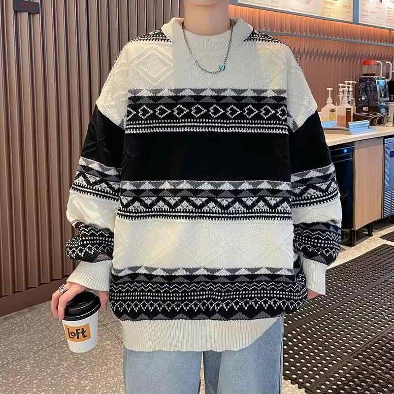 ニット メンズ ボーダー柄 切り替え クルーネック 秋冬 厚手 ゆったり感 リラックス 普段使い デート ブラック レッド グリーン