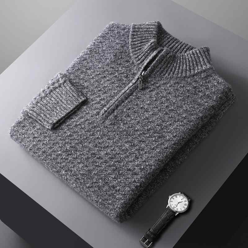 ニット メンズ 男性用 ハーフジップ ウール セーター 厚手 プルオーバー 暖かい ビジネス カジュアル トップス 花灰色 ミディアムブルー ベージュ 伸縮性 防寒 秋冬