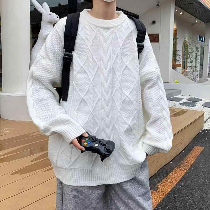 ニット メンズ ニットセーター 秋冬 長袖 丸首 ケーブル編み ゆったり 灰色 白 リラックス ルーズ 韓国風 男性用