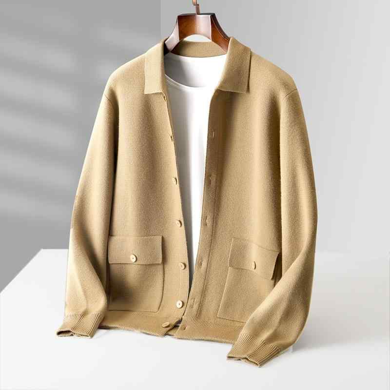 ニット カーディガン メンズ 男性用 ウール トップス 秋冬 レトロ ポケット 厚手 ニットセーター ポロシャツ ジャケット ビジネス 紳士 アイボリー 黄キャメル 深グレー グリーン S M L XL XXL