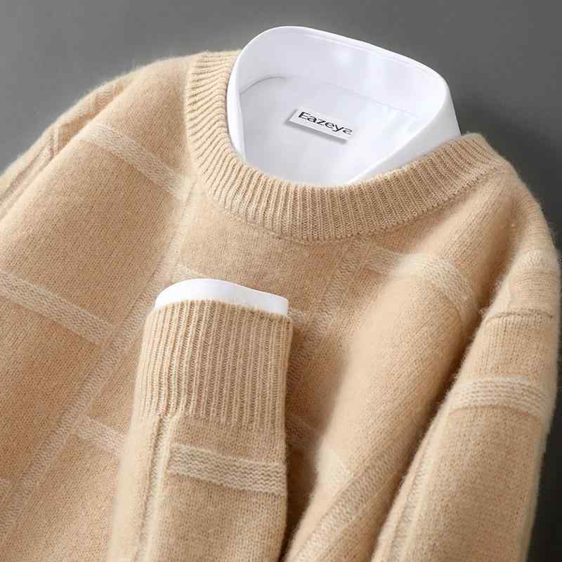 ニット メンズ 男性用 ウール100% プルオーバー 配色 セーター 秋冬 厚手 リブ編み クルーネック トップス 暖かい カジュアル 普段使い 通勤着 防寒 紳士服 ダークレッド ネイビー カーキ ベージュ S M L XL 2XL 3XL