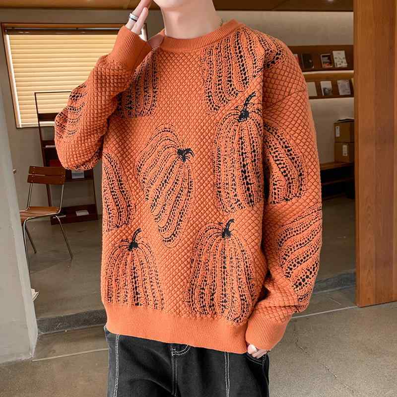 ニット メンズ 男性用 セーター 秋冬 南瓜柄 パンプキン柄 ラウンドネック ?松 ゆったり リラックス カジュアル トップス モーダル 普段使い