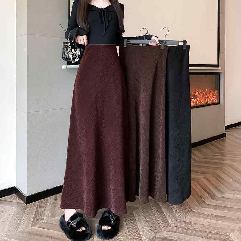 スカート レディース 秋冬 ベルベット Aライン ミモレ丈 ハイウエスト 黒 赤 茶色 美脚 スタイルアップ 上品 きれいめ オフィスカジュアル 通勤
