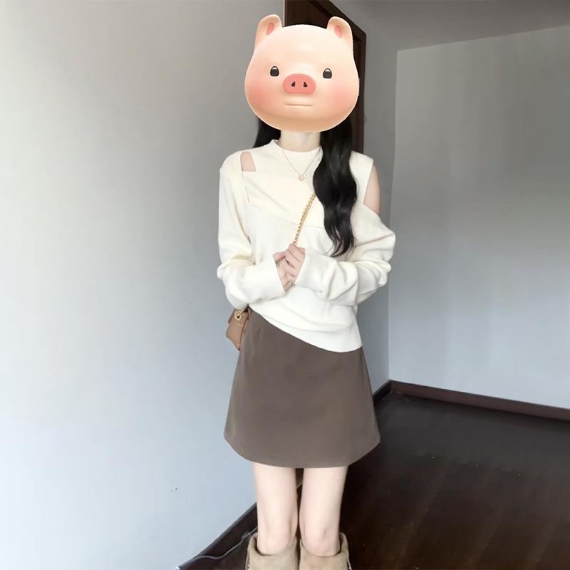 ニット レディース 秋冬 韓国風 アシンメトリー 長袖 トップス プルオーバー ドロップショルダー ゆったり かわいい ふわふわ オフホワイト