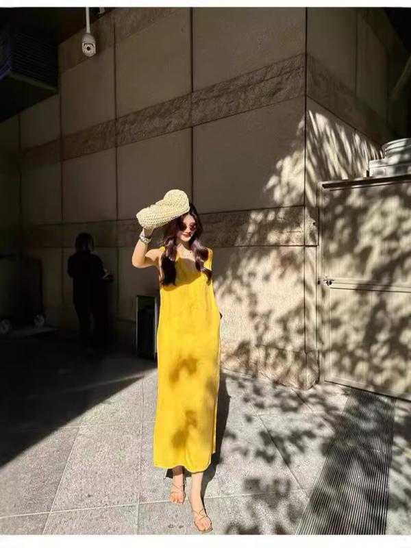 ワンピース レディース 春夏 Vネック リネン 麻 ノースリーブ ミモレ丈 ロング丈 Aライン きれいめ 上品 かわいい おしゃれ フェミニン カジュアル イエロー 黄色