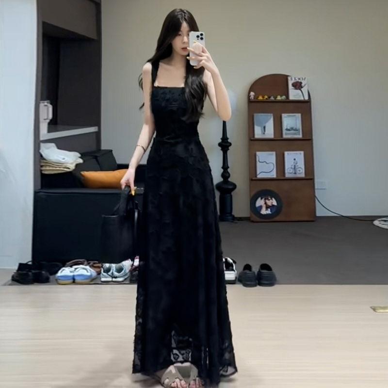 ワンピース レディース 夏 黒 Aライン ノースリーブ ロング丈 提花 複合素材 ゆったり 高見え スタイルアップ クラシカル モード