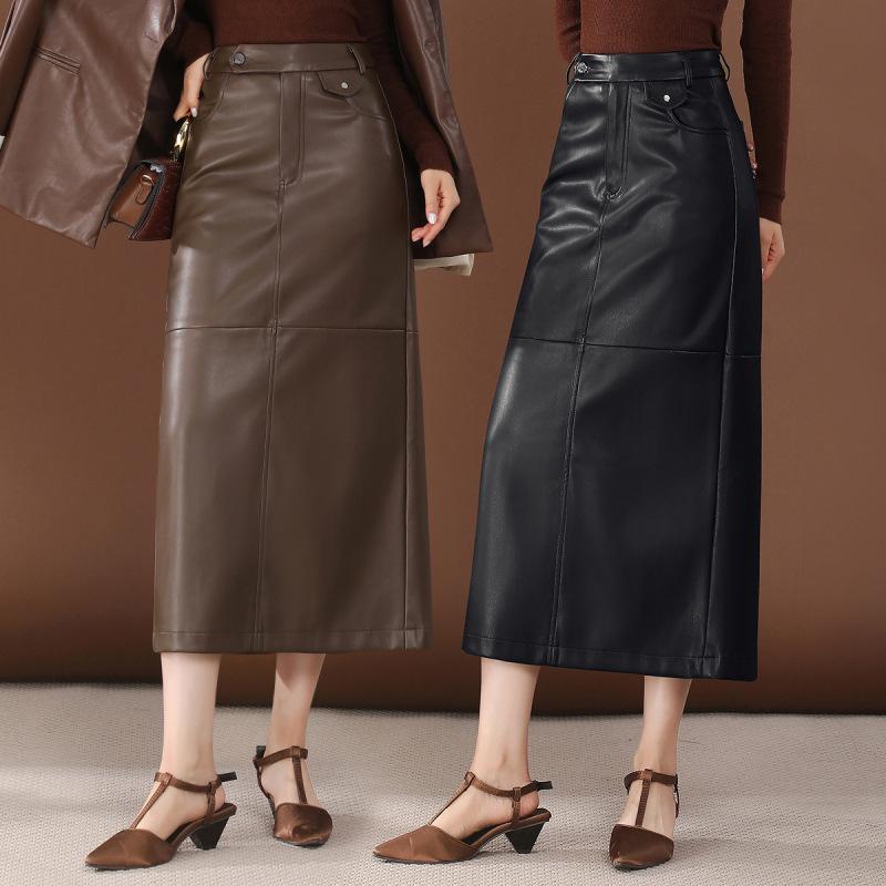 スカート レディース 羊革 半身スカート ミモレ丈 ハイウエスト 黒 茶色 本革 ラムレザー プリーツ Aライン 秋冬 カジュアル