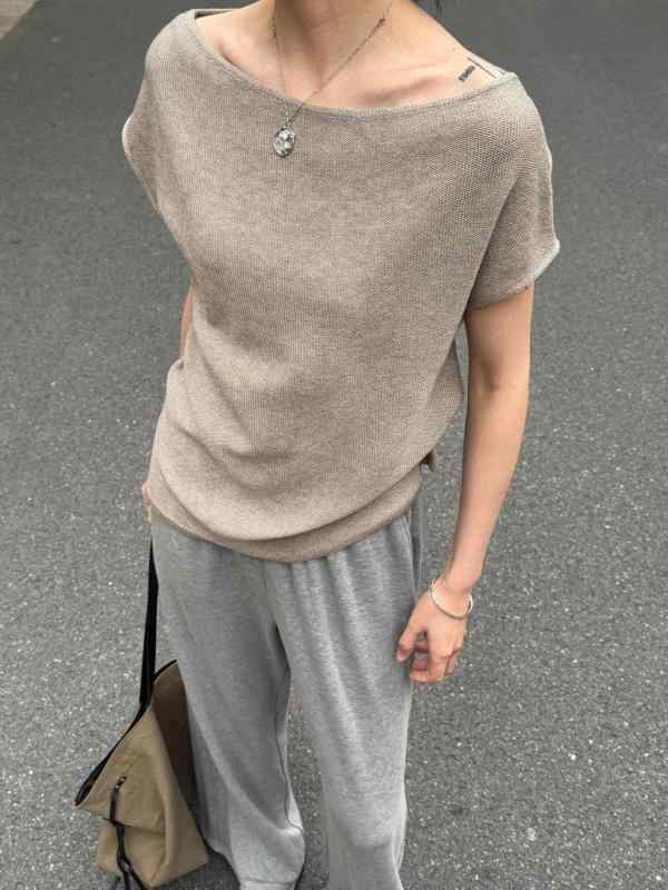 ニット レディース トップス 春夏 麻 リネン 一文字ネック オフショルダー 半袖 Tシャツ カットソー ゆったり 薄手 韓国風 カジュアル ベージュ