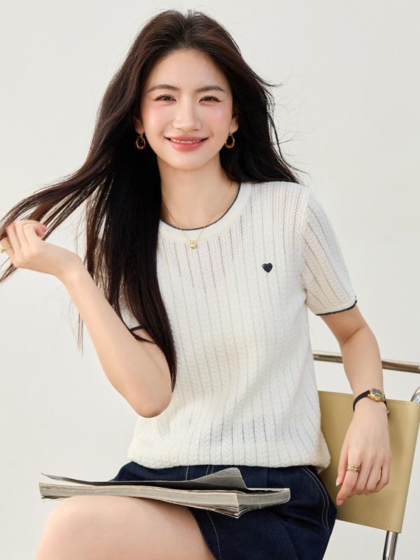 Tシャツ レディース 薄手 半袖 トップス ラウンドネック サマーニット ブルーグレー ホワイト 通勤着 普段使い きれいめ エレガント
