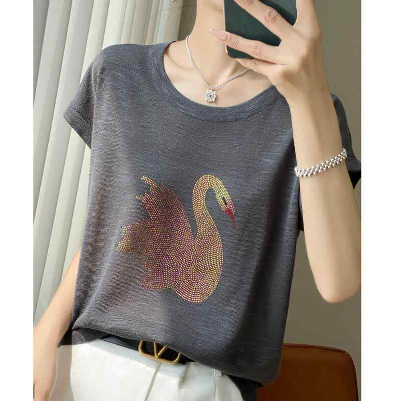 Tシャツ レディース 半袖 麻 ラウンドネック ホットドリル ゆったり 薄手 涼しい トップス カットソー アニマル柄 パープル キャメル グリーン イエロー グレー ブラック M L XL XXL 通勤