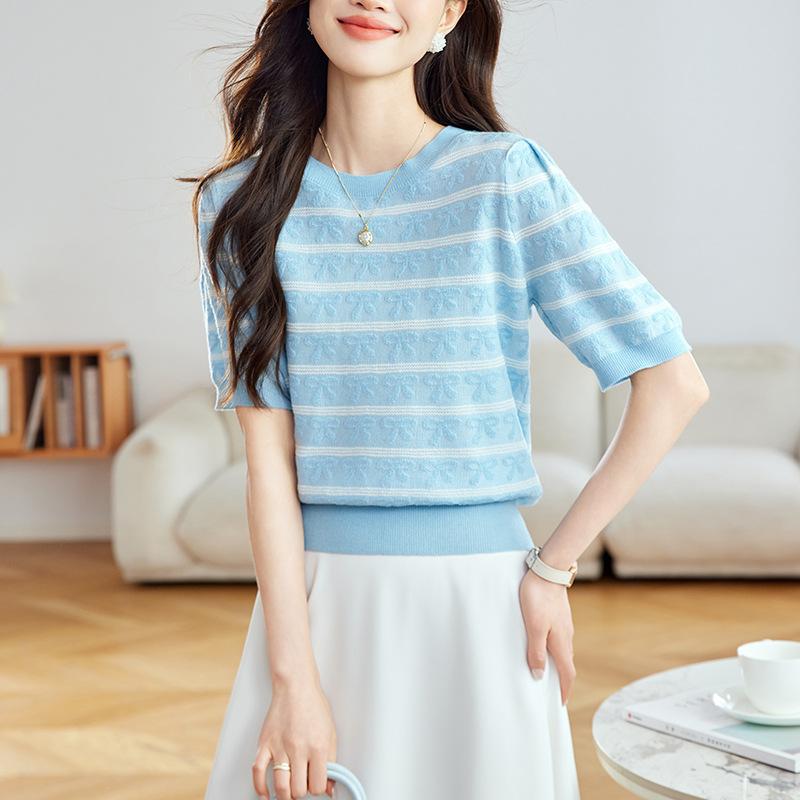Tシャツ レディース ストライプ柄 ニット 半袖 トップス プルオーバー 接触冷感 泡泡袖 ゆったり ラウンドネック 春夏 薄手 普段使い かわいい おしゃれ 浅藍 粉色 浅紫