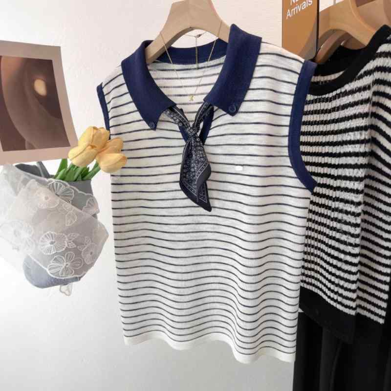 Tシャツ レディース ノースリーブ トップス ストライプ ポロネック 配色 ニット カットソー 接触冷感 普段使い 通勤着 レーヨン混紡 春夏