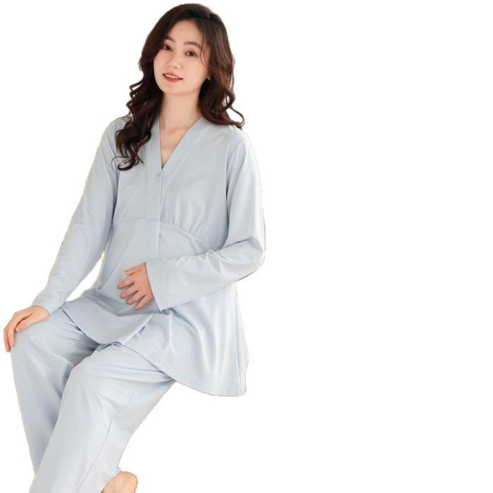 パジャマ レディース マタニティ 産後 授乳服 春夏秋冬 綿100% 長袖 ルームウェア 上下セット 水色 ピンク系 イエロー 竹柄 M L XL 2XL 3XL 吸汗